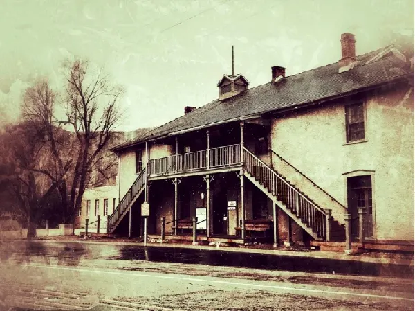 Historic adobe buildings along the road in Lincoln, New Mexico