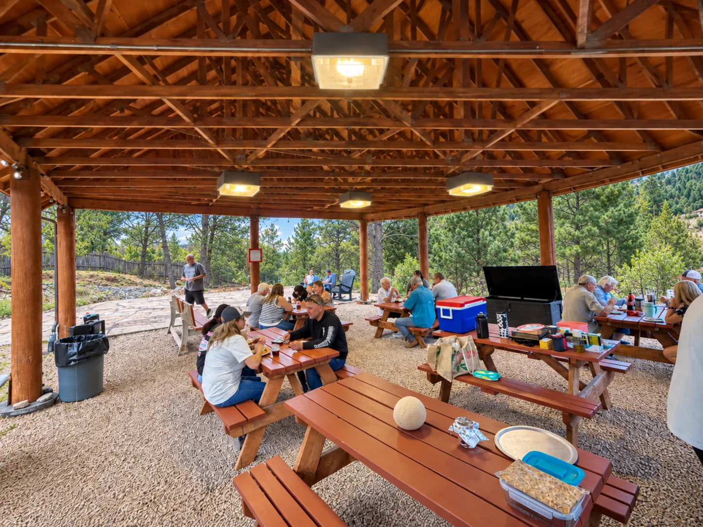Picnic tables under the pavilion roof with pines beyond