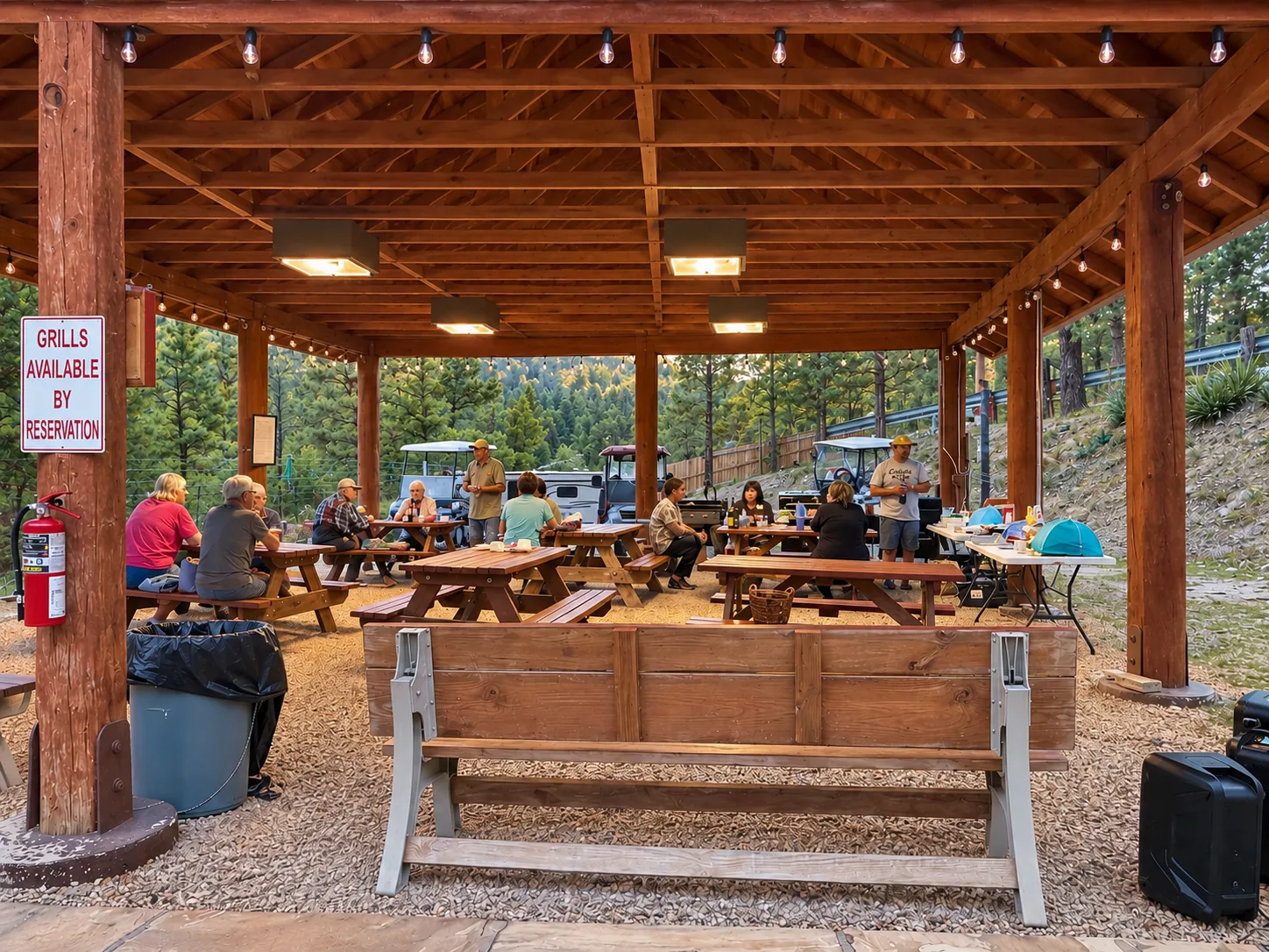 Guests seated at the park pavilion under the timber roof