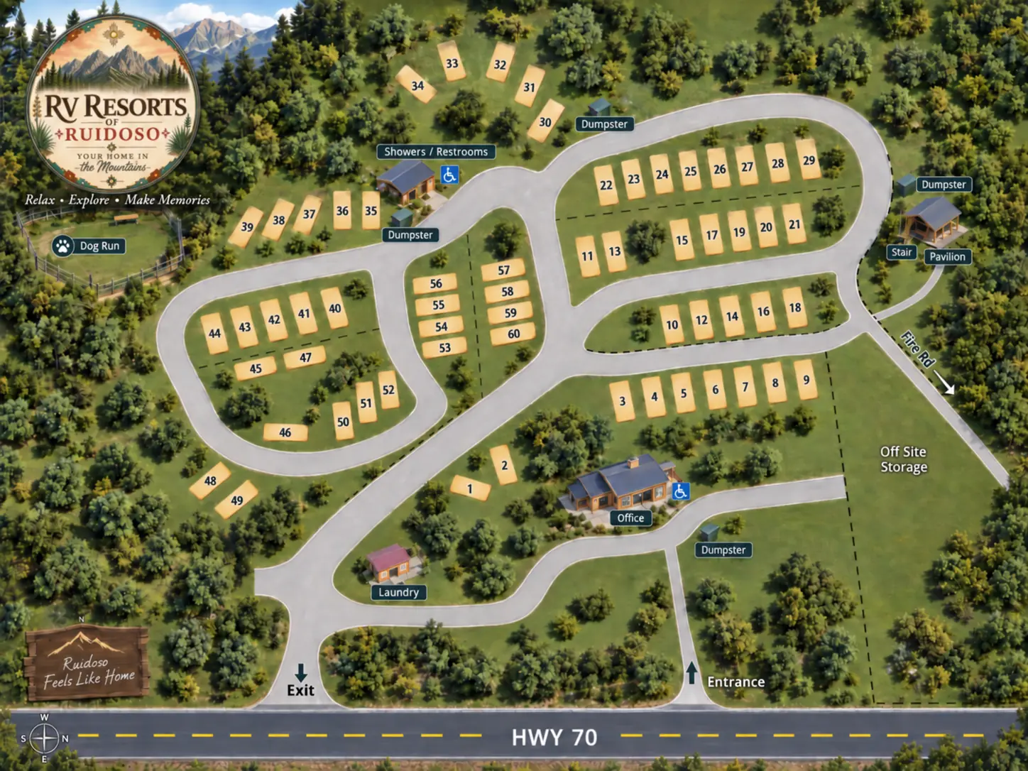 Illustrated resort map showing roads and numbered sites